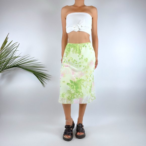 Wrapper Dresses & Skirts - Vintage Y2K Fairycore Pastel Green Cottagecore Floral Midi Skirt / Size: Large